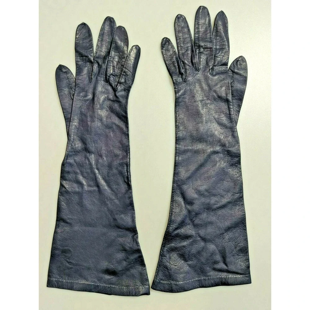 Vintage Made in France‎ Long Leather Gloves Womens Size 6.5 Navy Blue